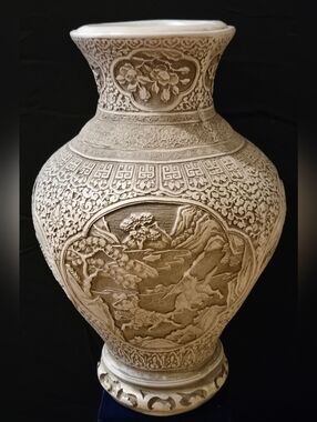 Intricate Carved   White Cinnabar Vase - Beige Decorative Home Art